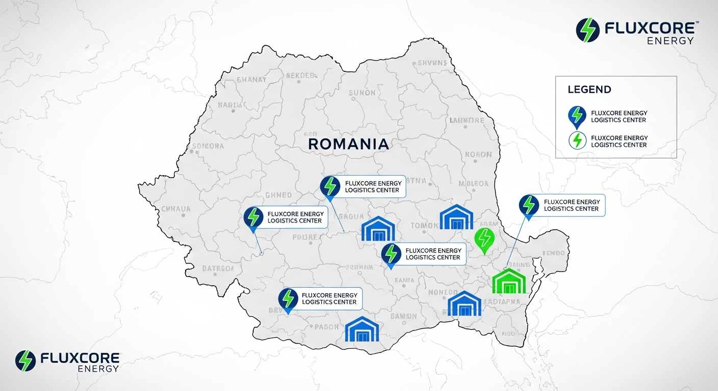 Harta României cu centrele logistice FluxCore Energy